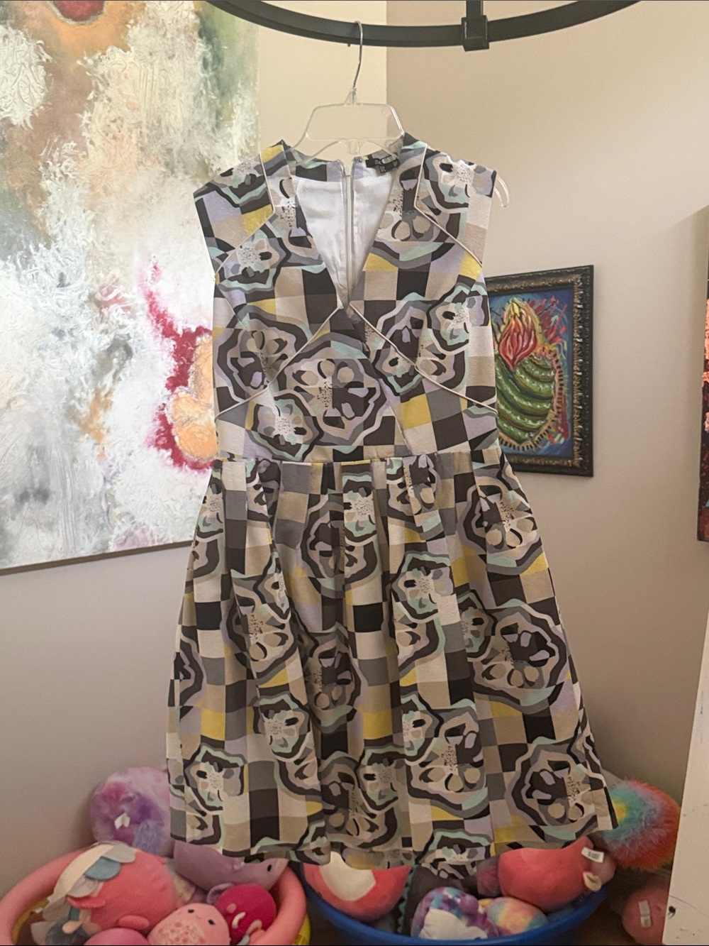 Raoul Sleeveless Midi Dress in Gray, Yellow and Cream Geometric Print